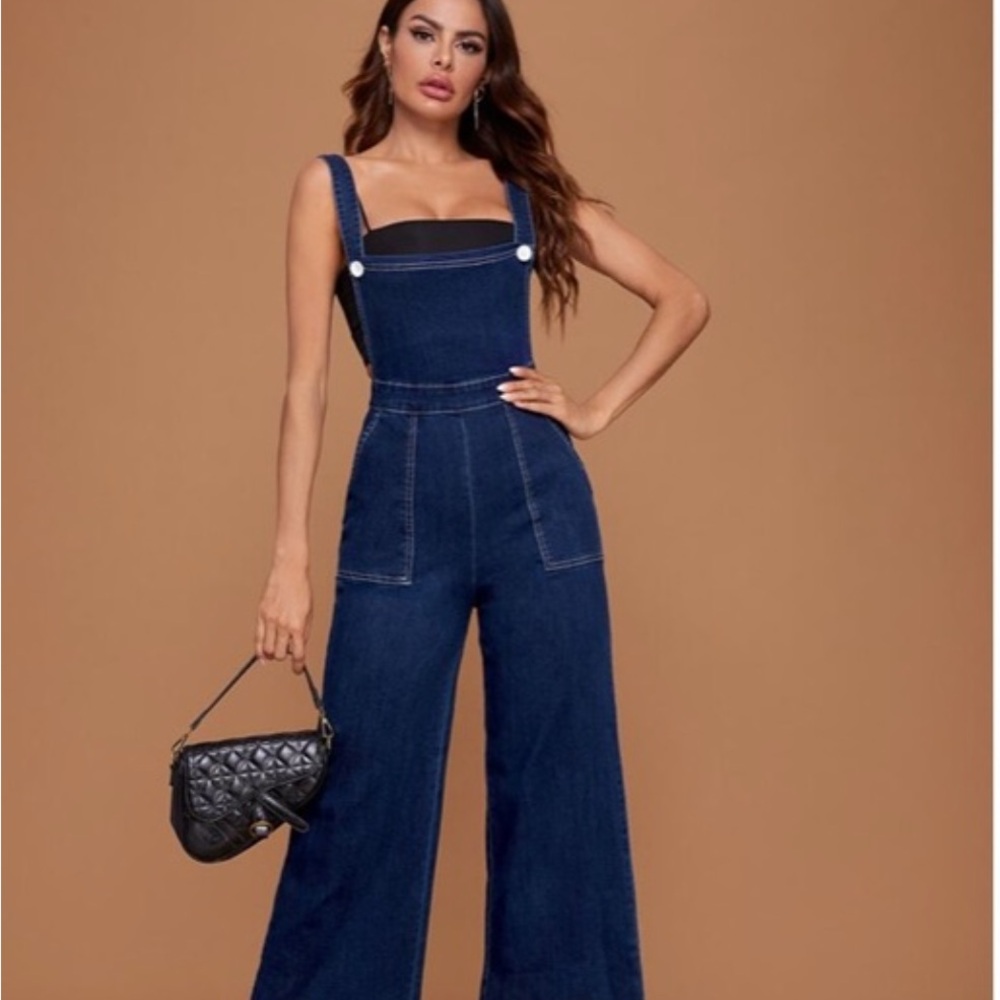 SHEIN Navy Blue Women's Denim Wide Leg Overalls